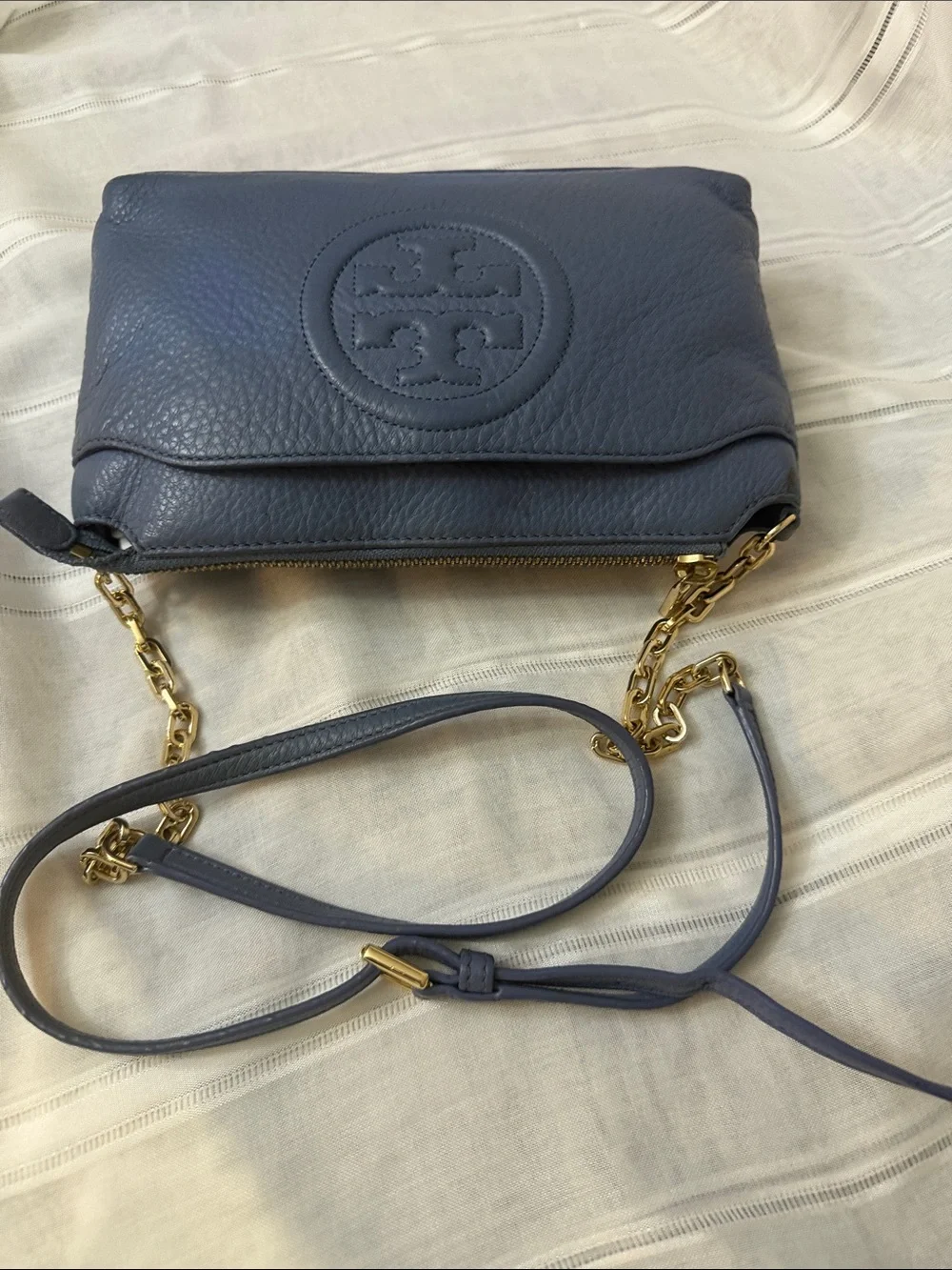 Tory Burch Cornflower Blue Leather Crossbody with Chain Strap
